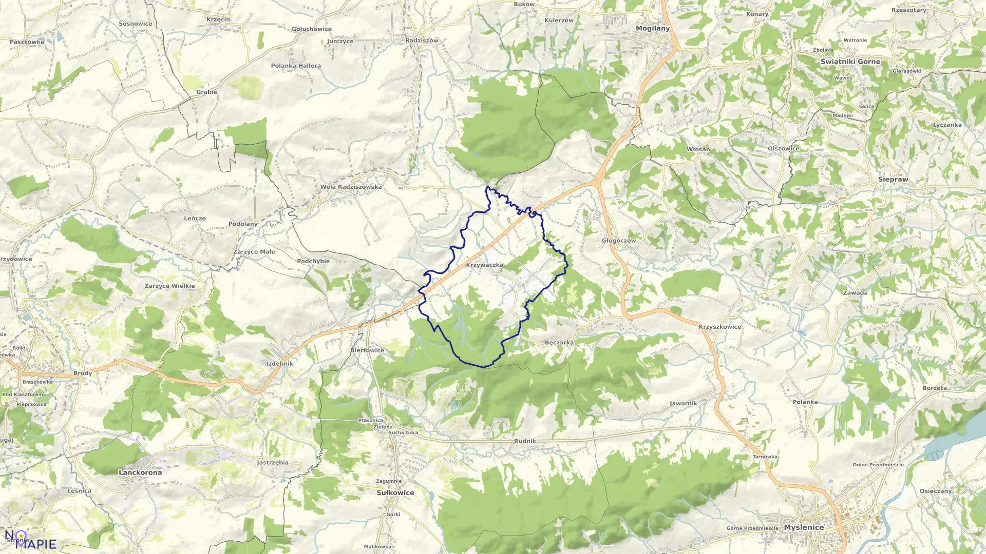 Mapa obrębu Krzywaczka w gminie Sułkowice